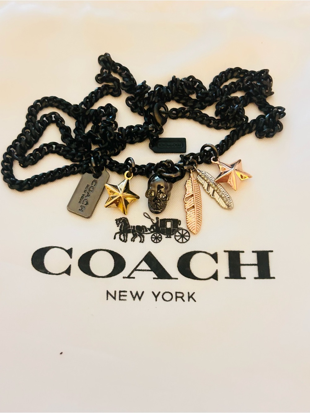 EXTREMELY RARE Coach Black Chain Necklace with Skull, Feather, Star Charms - Picture 10 of 16